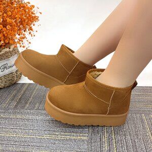 Women CAMEL Winter Slip On Warm Fur Suede Snow Ankle Boots Slipper 2 Inch Sole